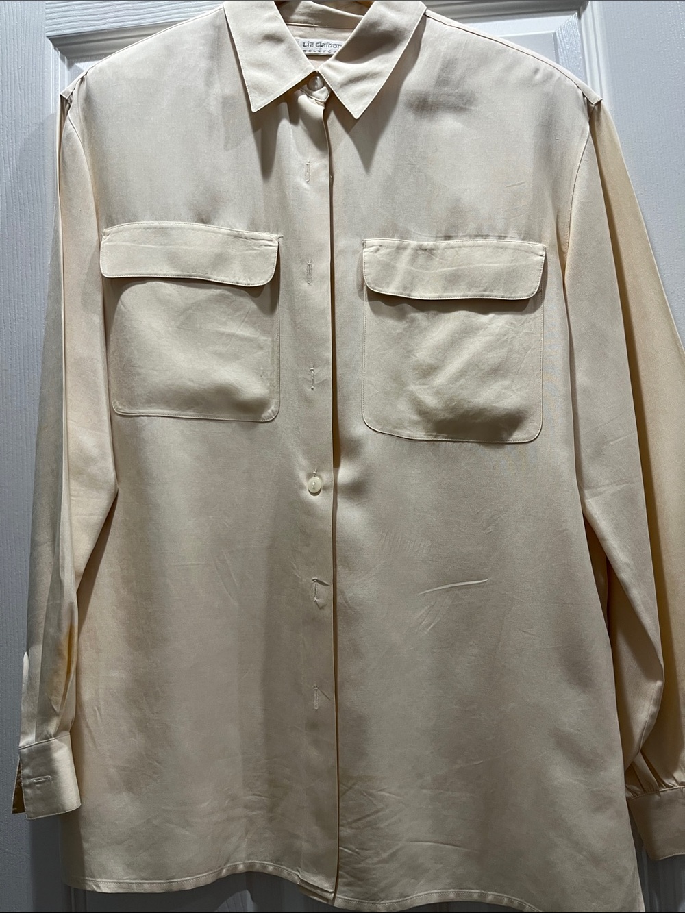 Liz Claiborne Cream Button-Front Silk Blouse with Chest Flap Pockets